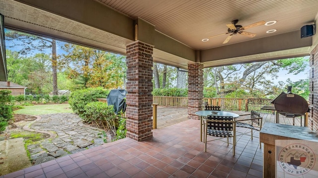 view of patio / terrace with a ceiling fan, outdoor dining space, and fence