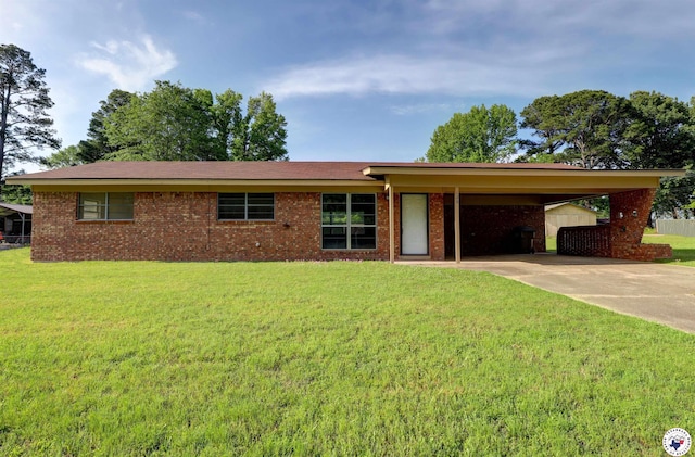 129 Pine St, Maud, TX 75567 - single story home featuring concrete driveway, an attached carport, a front lawn, and brick siding