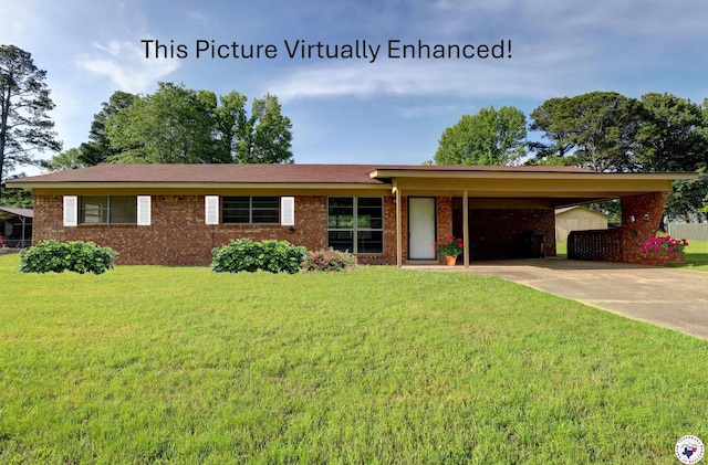 129 Pine St, Maud, TX 75567 - ranch-style house featuring brick siding, driveway, a front yard, and a carport