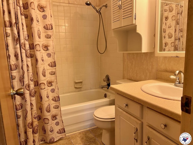 full bath with toilet, shower / bath combination with curtain, and vanity