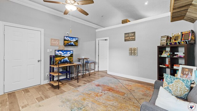 525 Longhorn Rd, Maud, TX 75567 - living area featuring ornamental molding, wood finished floors, and ceiling fan