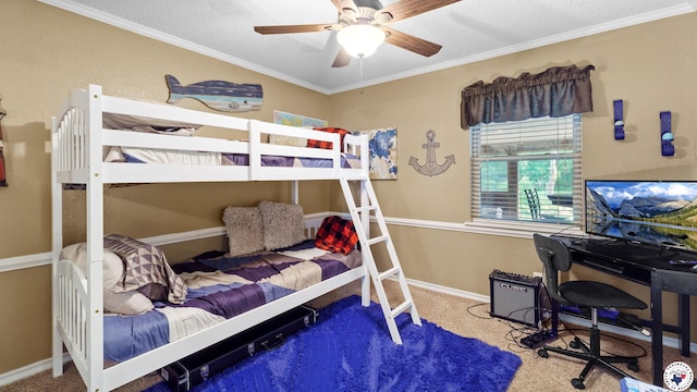 525 Longhorn Rd, Maud, TX 75567 - carpeted bedroom with crown molding, a desk, a ceiling fan, and a textured ceiling