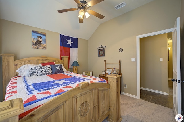 bedroom featuring visible vents, carpet floors, lofted ceiling, baseboards, and ceiling fan