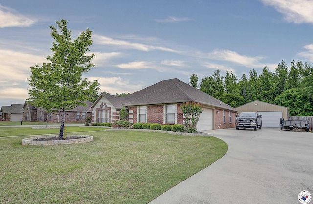 ranch-style house with an outdoor structure, a front lawn, brick siding, a shingled roof, and a detached garage