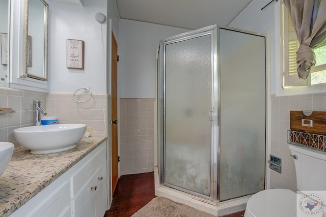 bathroom featuring toilet, tile walls, an enclosed shower, and vanity