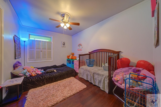 bedroom with ceiling fan and dark wood-type flooring