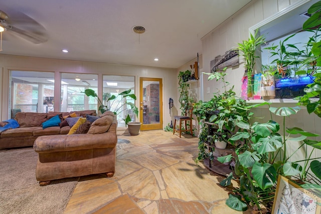 living room with ceiling fan