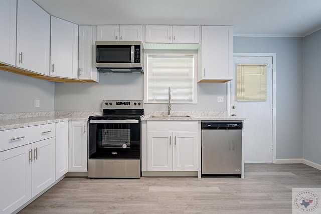 kitchen featuring crown molding, light hardwood / wood-style flooring, sink, white cabinetry, and stainless steel appliances