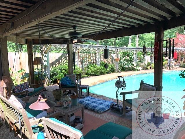 view of patio featuring ceiling fan and a fenced in pool