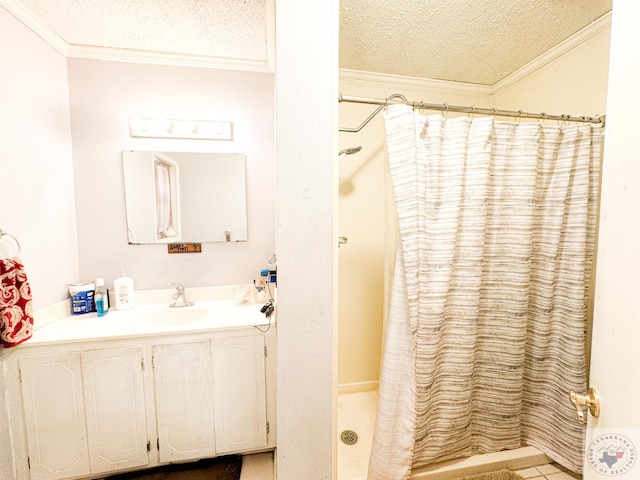 bathroom with a shower with shower curtain, ornamental molding, a textured ceiling, and vanity