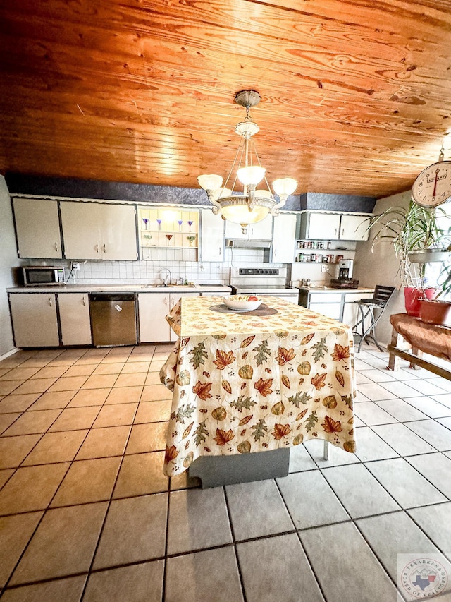 kitchen featuring sink, pendant lighting, stainless steel appliances, and wood ceiling