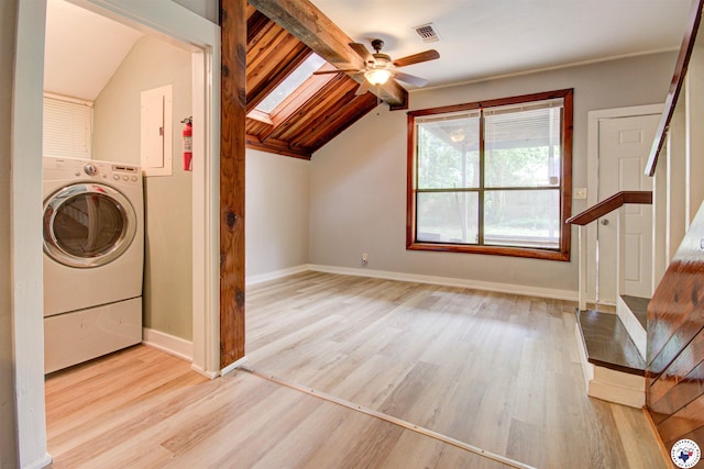 1920 Laurel St, Texarkana, AR 71854 - laundry area featuring washer / clothes dryer, electric panel, a skylight, light wood finished floors, and ceiling fan