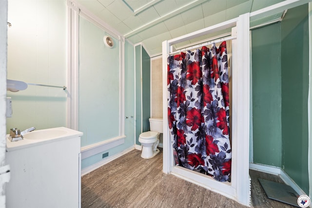 bathroom featuring wood finished floors, toilet, vanity, and a shower with curtain