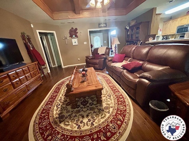 147 Mc 458, Texarkana, AR 71854 - living room with wood finished floors, coffered ceiling, beam ceiling, and a ceiling fan