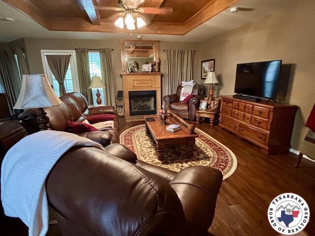 147 Mc 458, Texarkana, AR 71854 - living area featuring ceiling fan, wood finished floors, and a fireplace