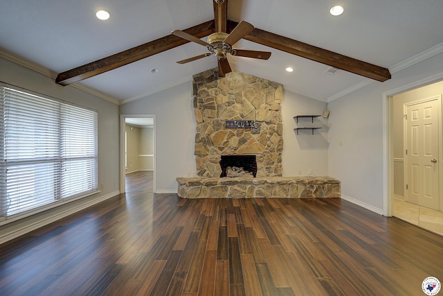 unfurnished living room featuring a ceiling fan, baseboards, visible vents, wood finished floors, and vaulted ceiling with beams