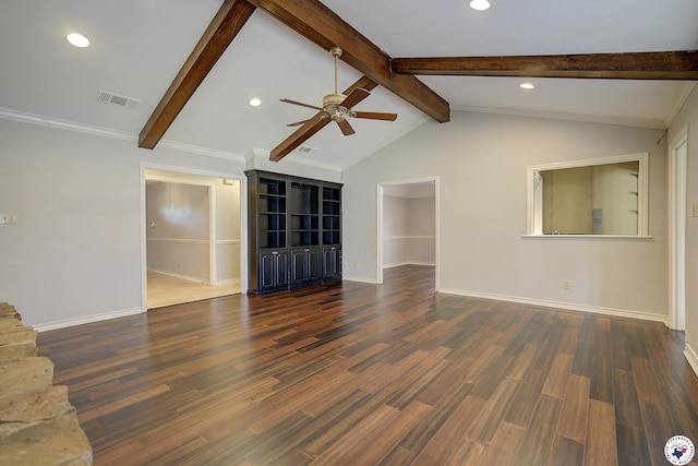 4 Heatherwood Dr, Texarkana, TX 75503 - unfurnished living room with lofted ceiling with beams, wood finished floors, visible vents, recessed lighting, and ceiling fan
