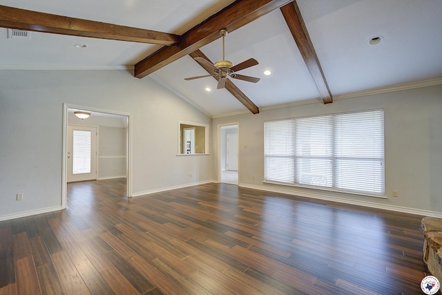 unfurnished living room with baseboards, ceiling fan, visible vents, and dark wood-style flooring