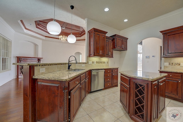 kitchen featuring sink, stainless steel dishwasher, kitchen peninsula, and ornamental molding