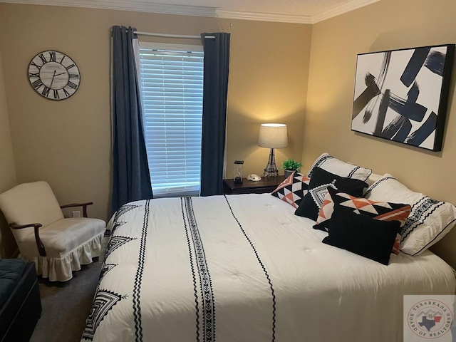 carpeted bedroom with crown molding