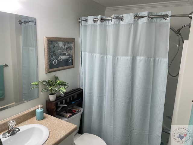 bathroom featuring vanity, toilet, and a shower with shower curtain