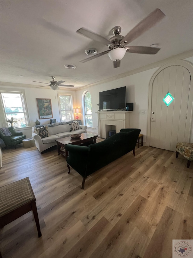 living room with light hardwood / wood-style floors and ceiling fan