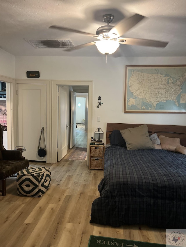 bedroom featuring ceiling fan and light hardwood / wood-style flooring