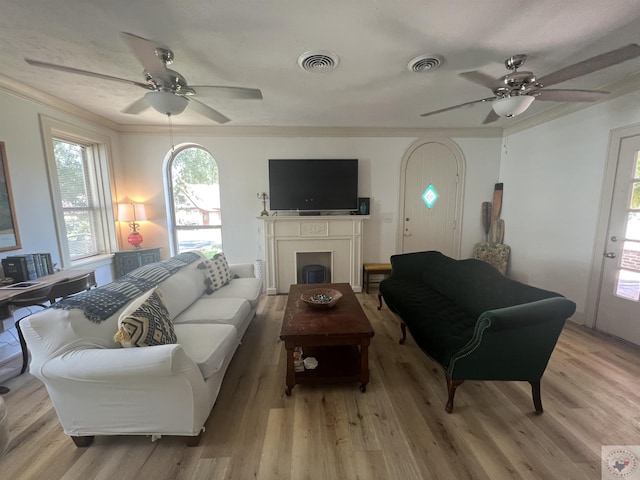 living room featuring ornamental molding, ceiling fan, and light hardwood / wood-style flooring