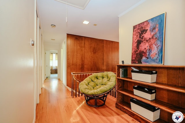 3519 Olive St, Texarkana, TX 75503 - hallway with attic access, light wood finished floors, and crown molding