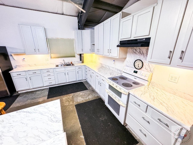 kitchen featuring sink, range with two ovens, and white cabinets