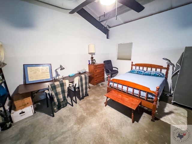 bedroom with ceiling fan and concrete flooring