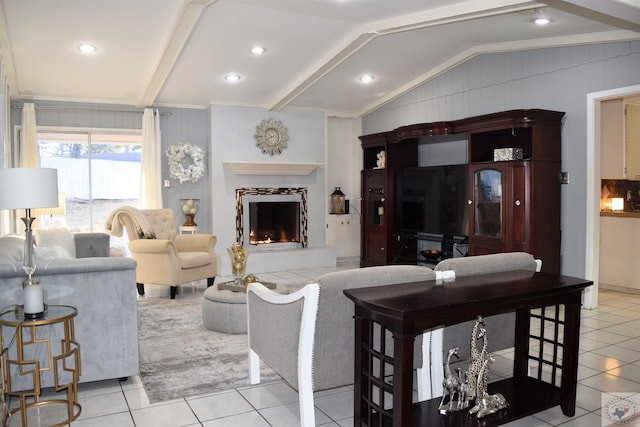 tiled living room with lofted ceiling