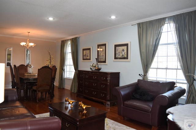 living room featuring a notable chandelier, ornamental molding, plenty of natural light, and wood-type flooring