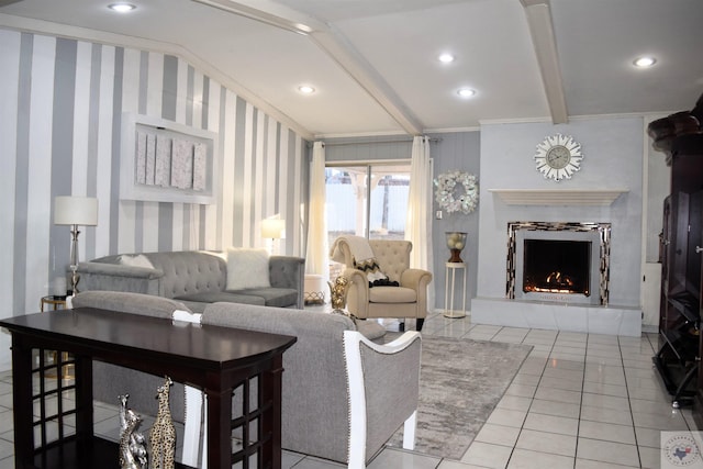 living room featuring crown molding, beam ceiling, and light tile patterned floors