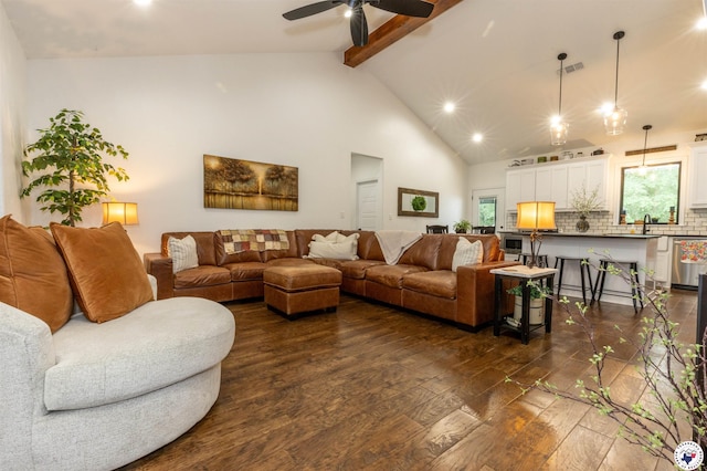 113 Dove Crk, New Boston, TX 75570 - living room featuring dark wood finished floors, beamed ceiling, ceiling fan, high vaulted ceiling, and recessed lighting
