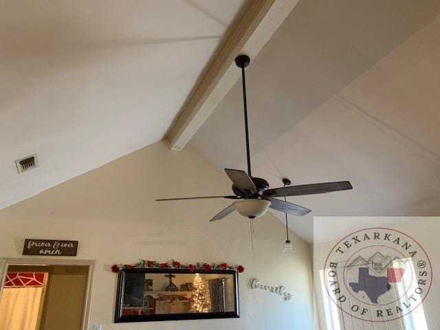 interior details with ceiling fan and beam ceiling