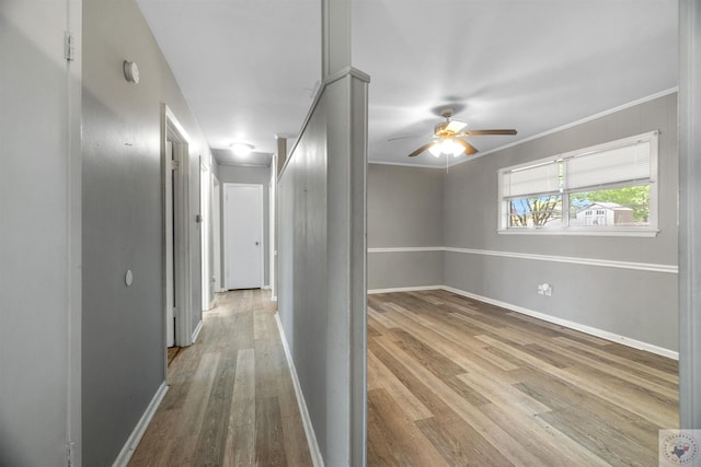 corridor with crown molding and light wood-type flooring