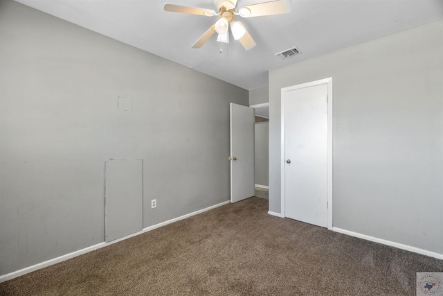 unfurnished bedroom featuring ceiling fan and carpet floors