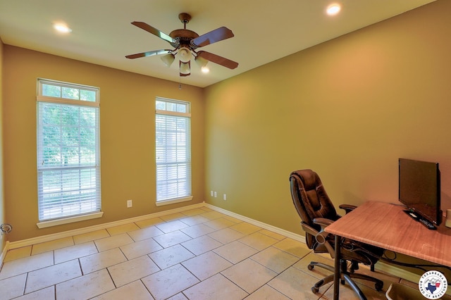 142 Easy St, Texarkana, TX 75503 - office area featuring baseboards, ceiling fan, light tile patterned floors, and recessed lighting