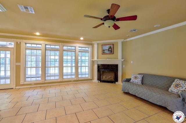 142 Easy St, Texarkana, TX 75503 - living room with ornamental molding, ceiling fan, a high end fireplace, healthy amount of natural light, and recessed lighting