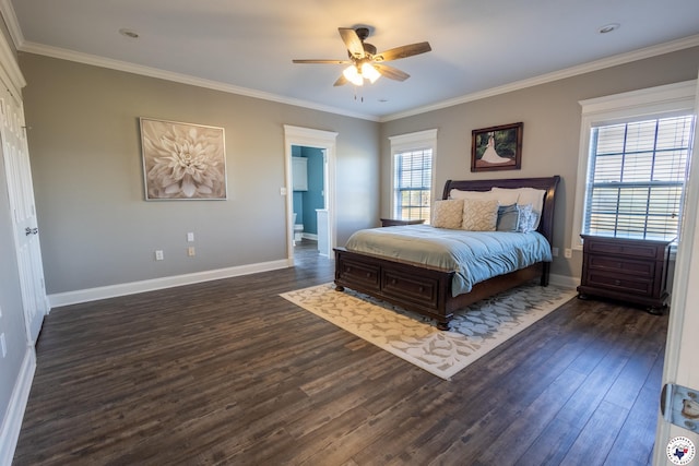 bedroom with baseboards, ornamental molding, a ceiling fan, and dark wood-style floors