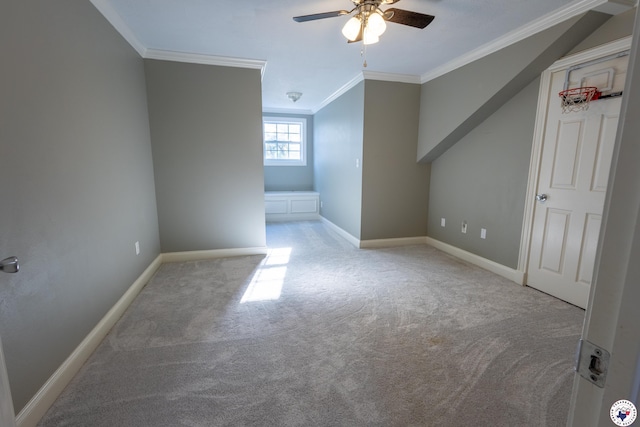 bonus room featuring carpet flooring, ceiling fan, and baseboards