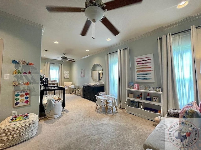 game room featuring light carpet, crown molding, and recessed lighting