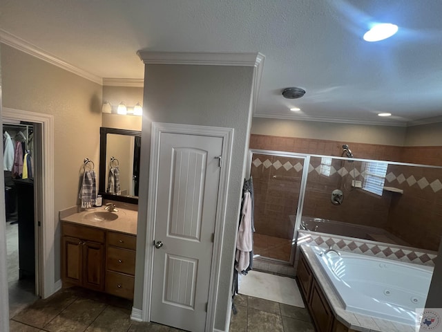 full bath featuring vanity, a spacious closet, a jetted tub, a stall shower, and crown molding