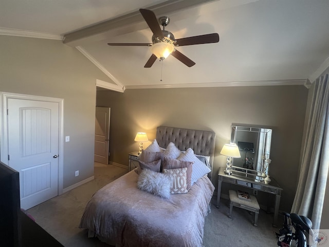 bedroom with carpet floors, crown molding, lofted ceiling with beams, ceiling fan, and baseboards