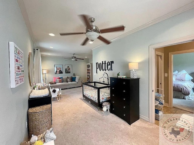 bedroom with light carpet, ceiling fan, ornamental molding, and recessed lighting