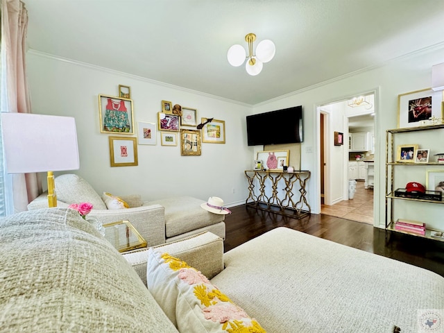 interior space featuring hardwood / wood-style floors, ornamental molding, and an inviting chandelier