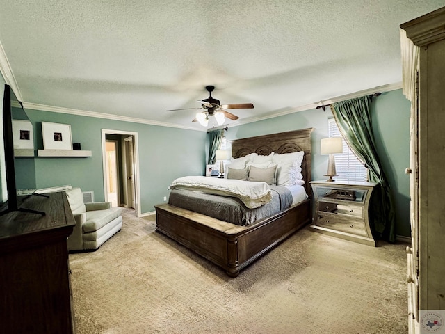 carpeted bedroom featuring crown molding, a textured ceiling, and ceiling fan