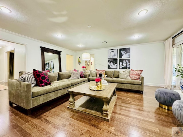 living room featuring crown molding and hardwood / wood-style floors