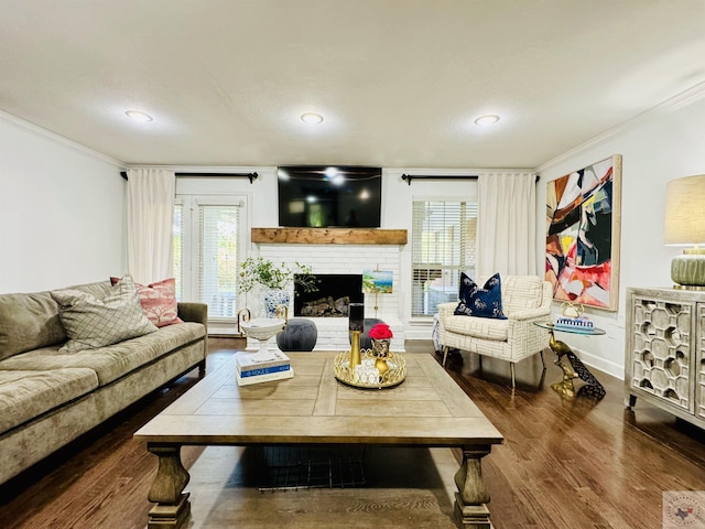 living room with a fireplace, crown molding, a healthy amount of sunlight, and dark hardwood / wood-style flooring